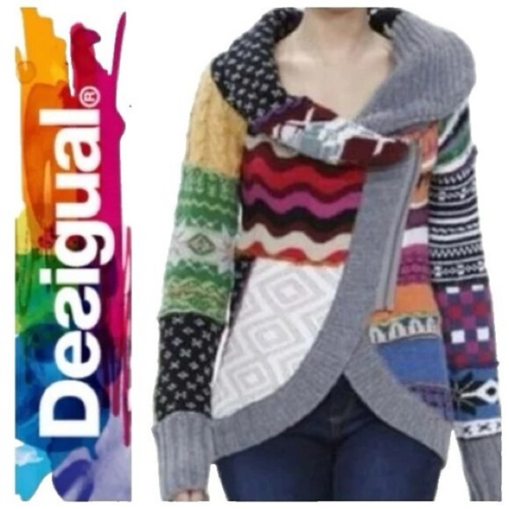 Desigual Rainbow Womens patchwork Jacket Sz. S/ M boho bohemian wool multicolor
